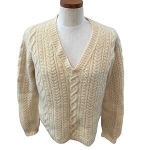 Vintage Cable Knit V Neck Fishermans Sweater Natural